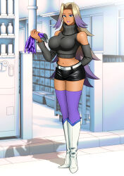 Rule 34 | 1girl, arm behind back, black sweater, boots, breasts, commentary, dark-skinned female, dark skin, earrings, enkaboots, full body, gloves, gold earrings, gyaru, highres, holding, holding clothes, holding gloves, jewelry, kogal, large breasts, lipstick, makeup, mature female, midriff, multicolored hair, navel, original, purple gloves, purple lips, rubber gloves, shadow, sleeveless, sleeveless sweater, sweater