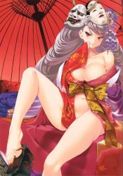 Rule 34 | 1girl, absurdres, bare shoulders, between toes, breasts, cle masahiro, feet, flower, geta, hair flower, hair ornament, highres, japanese clothes, kimono, kimono down, kimono pull, large breasts, long hair, looking at viewer, mask, no bra, no panties, oni mask, red eyes, shoe dangle, solo, source request, toes, umbrella, very long hair, white hair