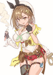Rule 34 | 1girl, atelier (series), atelier ryza, atelier ryza 2, bad id, bad pixiv id, belt, beret, black gloves, black thighhighs, braid, breasts, bridal garter, brown belt, brown eyes, brown hair, cleavage, commentary, earrings, fingerless gloves, french braid, gloves, hair ornament, hairclip, hat, highres, holding, holding test tube, jewelry, key, key necklace, large breasts, looking at viewer, navel, necklace, red shorts, reisalin stout, short shorts, shorts, simple background, single thighhigh, smile, solo, tecmo, test tube, thigh gap, thighhighs, thighs, white background, white hat, yagi2013