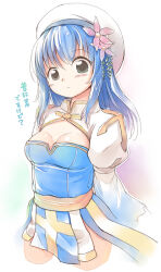 Rule 34 | 1girl, arch bishop (ragnarok online), arms behind back, blue dress, blue hair, blush, breasts, cleavage, cleavage cutout, closed mouth, clothing cutout, commentary request, cowboy shot, cross, dress, emurin, expressionless, flower, green eyes, hat, hat flower, juliet sleeves, long hair, long sleeves, looking at viewer, medium breasts, pelvic curtain, puffy sleeves, ragnarok online, sash, solo, tam (ragnarok online), translation request, two-tone dress, white background, white dress, white hat, yellow sash
