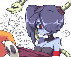Rule 34 | 1girl, akita (20033203), assisted exposure, blue skin, breasts, colored skin, detached collar, detached sleeves, hair over one eye, leviathan (skullgirls), medium breasts, side ponytail, skull, skullgirls, squigly (skullgirls), stitched mouth, stitches, striped, striped sleeves, translation request, vice-versa (skullgirls), zombie