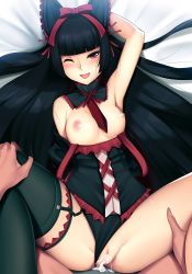 Rule 34 | 10s, 1boy, 1girl, aftersex, arm up, armpits, bare shoulders, bed sheet, black hair, black thighhighs, blunt bangs, bow, breasts, censored, clothing aside, cum, cum in pussy, detached collar, eye contact, garter straps, gate - jieitai ka no chi nite kaku tatakaeri, hair bow, highres, hime cut, long hair, looking at another, looking at viewer, lying, medium breasts, mosaic censoring, nipples, on back, one eye closed, open mouth, panties, panties aside, penis, pov, red eyes, rory mercury, single thighhigh, solo focus, spread legs, thighhighs, tongue, tony guisado, underwear, vaginal, very long hair