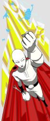 Rule 34 | 1boy, arm up, bag, bald, belt, bodysuit, boots, cape, clenched hand, flying, gloves, grocery bag, looking at viewer, male focus, mattcha, monster, one-punch man, punching, red cape, saitama (one-punch man), shopping bag, signature, solo, spring onion, standing, x x, zipper