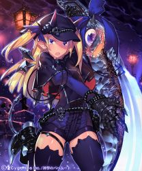 Rule 34 | 10s, 1girl, ankle boots, black thighhighs, blonde hair, blue eyes, blush, boots, breasts, capelet, demon eater, demon girl, demon tail, fang, gauntlets, hair ribbon, hat, horns, huge weapon, kanjy00u, long hair, long sleeves, pointy ears, puffy long sleeves, puffy sleeves, ribbon, shingeki no bahamut, skull, small breasts, solo, sword, tail, thighhighs, two side up, unitard, weapon