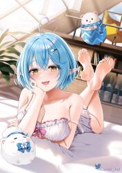 Rule 34 | 1girl, :d, ahoge, bare arms, bare legs, bare shoulders, barefoot, blue hair, bottle, breasts, camisole, casino (casinoep), character hair ornament, cleavage, crossed ankles, crossed legs, daifuku (yukihana lamy), feet, feet up, full body, hair between eyes, hair ornament, hand on own cheek, hand on own face, head rest, heart, heart ahoge, highres, hololive, indoors, large breasts, looking at viewer, lying, miniskirt, multicolored hair, on bed, on stomach, open mouth, plant, pointy ears, short hair, skirt, smile, soles, solo, strap slip, streaked hair, the pose, toenails, toes, virtual youtuber, white skirt, wine bottle, yellow eyes, yukihana lamy, yukihana lamy (loungewear), yukimin (yukihana lamy)