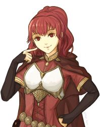 Rule 34 | 1girl, anna (fire emblem), armor, breastplate, brown cape, cape, commentary, dress, english commentary, fire emblem, fire emblem echoes: shadows of valentia, hand on own hip, highres, long sleeves, looking at viewer, medium hair, nintendo, parody, red dress, red eyes, red hair, simple background, smile, solo, style parody, tartarbox, upper body, white background