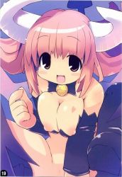Rule 34 | 1girl, bell, blush, bottomless, breasts squeezed together, breasts, demon girl, detached sleeves, disgaea, fang, heart, horns, large breasts, nipples, pink eyes, pink hair, pussy, short hair, solo, succubus (disgaea), tattoo, uncensored, zankuro