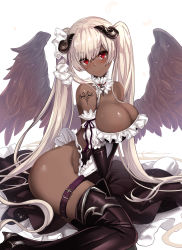 Rule 34 | 1girl, angel, angel wings, black gloves, black leotard, black thighhighs, black wings, blush, boots, breasts, closed mouth, dark-skinned female, dark skin, elbow gloves, fallen angel, feathers, frills, gloves, hair ribbon, highres, horns, large breasts, leotard, long hair, looking at viewer, mole, mole on breast, mole under eye, original, red eyes, ribbon, shoulder tattoo, smile, solo, tattoo, thigh boots, thigh strap, thighhighs, thighs, twintails, untue, very long hair, white hair, white ribbon, wings