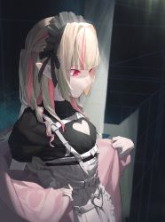 Rule 34 | 1girl, absurdres, belt, black bow, black headwear, black shirt, blonde hair, blush, bow, breasts, buckle, cleavage cutout, closed mouth, clothing cutout, expressionless, hair bow, hairband, heart, heart-shaped buckle, heart cutout, highres, jacket, logknn, lolita hairband, long hair, looking down, looking to the side, maid headdress, makaino ririmu, multicolored hair, nijisanji, open clothes, open jacket, pale skin, pink eyes, pink hair, pink jacket, pointy ears, puffy short sleeves, puffy sleeves, shirt, short sleeves, skirt, small breasts, solo, streaked hair, two side up, virtual youtuber, white belt, white skirt