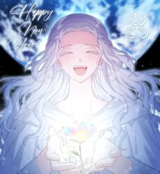 Rule 34 | 1girl, 2023, ^ ^, blurry, blurry background, braid, capelet, closed eyes, collarbone, colored eyelashes, commentary request, english text, facing viewer, final fantasy, final fantasy xiv, floating hair, flower, glowing, glowing flower, half updo, hands up, happy, happy new year, highres, holding, holding flower, hood, hood down, hooded capelet, korean commentary, licoan ff14, long hair, mask, mask around neck, unworn mask, new year, open mouth, planet, portrait, single braid, smile, solo, space, straight-on, venat (ff14), wavy hair, white capelet, white hair