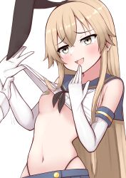 Rule 34 | 1girl, 1other, absurdres, black hairband, black neckerchief, black panties, blonde hair, blue sailor collar, blue skirt, breasts, clothes lift, crop top, elbow gloves, gloves, grey eyes, hairband, highleg, highleg panties, highres, kantai collection, long hair, neckerchief, no bra, panties, sailor collar, shimakaze (kancolle), shirt lift, skirt, small breasts, solo focus, tiemu (man190), underwear, upper body, white gloves