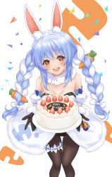 Rule 34 | 1girl, :d, absurdres, animal ear fluff, animal ears, bare shoulders, birthday, birthday cake, black gloves, black leotard, black pantyhose, blue hair, blush, braid, breasts, cake, carrot hair ornament, cleavage, coat, coat dress, detached sleeves, don-chan (usada pekora), dress, feet out of frame, food, food-themed hair ornament, fur-trimmed coat, fur-trimmed gloves, fur scarf, fur trim, gloves, hair ornament, happy birthday, highres, hikimayu, hololive, jiu fanglianhua, leotard, long hair, looking at viewer, multicolored hair, open mouth, orange eyes, pantyhose, playboy bunny, puffy short sleeves, puffy sleeves, rabbit-shaped pupils, rabbit ears, rabbit girl, rabbit tail, scarf, short eyebrows, short sleeves, sidelocks, small breasts, smile, solo, strapless, strapless coat, strapless dress, strapless leotard, swept bangs, symbol-shaped pupils, tail, teeth, thigh strap, twin braids, two-tone hair, upper teeth only, usada pekora, usada pekora (1st costume), v-shaped eyebrows, virtual youtuber, white coat, white hair, white scarf, white sleeves