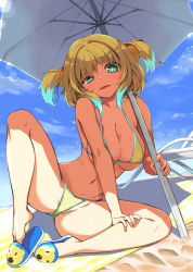 Rule 34 | + +, 1girl, aqua eyes, aqua hair, bare arms, bare shoulders, beach towel, beach umbrella, bikini, blue sky, blush, bombergirl, breasts, cleavage, collarbone, commentary request, day, fangs, full body, holding, large breasts, leaning to the side, looking at viewer, multicolored hair, navel, neon trim, outdoors, parted lips, partially visible vulva, pine (bombergirl), sand, short hair, sidelocks, sitting, sky, slippers, solo, spread legs, stomach, swimsuit, towel, two-tone hair, two side up, umbrella, yellow bikini, yuu (kfc)