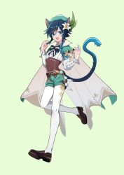 Rule 34 | 1boy, anemo (genshin impact), animal ears, black hair, blue eyes, blue hair, blush, braid, cape, cat boy, cat ears, cat tail, feathers, flower, gem, genshin impact, giue stick, gradient hair, green hat, hair flower, hair ornament, hat, highres, jewelry, long sleeves, looking at viewer, male focus, multicolored hair, open mouth, pantyhose, ribbon, shoes, shorts, simple background, smile, solo, tail, thighhighs, trap, twin braids, venti (genshin impact), vision (genshin impact), white background, white pantyhose