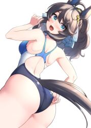 Rule 34 | 1girl, ahoge, alternate costume, animal ears, ass, black hair, blue eyes, blush, breasts, commentary request, daring tact (umamusume), hair ornament, highres, horse ears, horse girl, horse tail, looking at viewer, medium breasts, open mouth, pataneet, solo, star (symbol), star hair ornament, swimsuit, tail, umamusume, white background