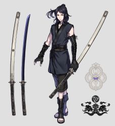 Rule 34 | 1boy, absurdres, bandaged arm, bandages, bite addict, black gloves, black hair, closed mouth, elbow gloves, fantasy, fingerless gloves, gloves, grey background, highres, holding, holding sheath, holding sword, holding weapon, katana, long hair, looking at viewer, male focus, original, scabbard, sheath, sheathed, simple background, smile, solo, standing, sword, toeless footwear, vambraces, weapon, yellow eyes