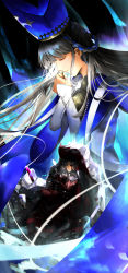 Rule 34 | 1boy, 1girl, absurdres, armor, black cape, black gloves, black hair, black pants, blood, blood on face, blue cape, blue hair, blue headwear, boots, braided hair rings, cape, closed eyes, closed mouth, commentary, constantine xi (fate), cross, cross necklace, dress, fate/grand order, fate (series), full body, gloves, grey hair, hair over one eye, hands up, hat, highres, holding, holding cross, injury, jewelry, kyamcya, long hair, long sleeves, mitre, multicolored hair, necklace, pants, parted bangs, pool of blood, pope joan (fate), red armor, red tunic, rubble, short hair, sitting, sleeves past wrists, smile, spoilers, stole, streaked hair, upper body, white dress, wide sleeves