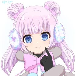 Rule 34 | 1girl, assault lily, black gloves, blue eyes, blunt bangs, bow, bowtie, capelet, closed mouth, commentary request, double bun, earmuffs, finger to own chin, fur-trimmed capelet, fur-trimmed sleeves, fur trim, gloves, gradient background, grey background, hair bow, hair bun, hand up, highres, index finger raised, jacket, long hair, long sleeves, looking at viewer, official alternate costume, piatin, pink bow, pink bowtie, pink hair, pom pom (clothes), portrait, smile, solo, tanba akari, twitter username, white background, white capelet, white jacket