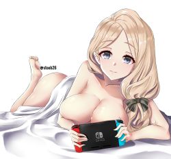 Rule 34 | 1girl, absurdres, ass, blanket, blonde hair, breasts, controller, fire emblem, fire emblem: three houses, game controller, grey eyes, highres, holding, holding controller, holding game controller, large breasts, long hair, looking at viewer, mercedes von martritz, nintendo, nintendo switch, nude, side ponytail, steeb