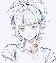 Rule 34 | 1girl, blue eyes, bow, closed mouth, expressionless, hair bow, highres, imay3927, looking at viewer, original, shirt, short sleeves, sidelocks, simple background, solo, upper body, white background, white bow, white hair, white shirt, yellow eyes