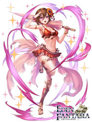 Rule 34 | 1girl, armband, armpits, bikini, bikini skirt, box (hotpppink), breasts, brown hair, cleavage, collarbone, copyright name, eden fantasia, full body, hair between eyes, holding, holding umbrella, looking at viewer, medium breasts, navel, official art, open mouth, purple eyes, red bikini, short hair, simple background, skirt, solo, standing, standing on one leg, swimsuit, thigh strap, umbrella, white background