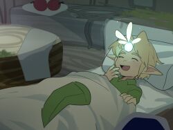 Rule 34 | 1boy, 1girl, bed, bed sheet, blonde hair, child, closed eyes, fairy, food, green headwear, hat, highres, link, navi, nintendo, open mouth, pillow, pointy ears, smile, suikaels, the legend of zelda, young link