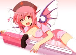 Rule 34 | 1girl, alternate costume, animal ears, bad id, bad pixiv id, blush, breast rest, breasts, cleavage, dress, female focus, hat, heart, kisaragi zwei, large syringe, lying, md5 mismatch, medium breasts, mystia lorelei, name tag, nurse, nurse cap, on side, open mouth, oversized object, pink dress, pink hair, pink skirt, red eyes, short hair, sign, simple background, skirt, smile, solo, syringe, thighhighs, touhou, white thighhighs, wings, zettai ryouiki