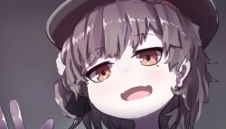 Rule 34 | 1girl, :d, absurdres, bad id, bad twitter id, beret, black hat, black ribbon, blush, brown eyes, brown hair, commentary request, fangs, grey background, hair ribbon, hand up, hat, hatoba tsugu, head tilt, highres, looking at viewer, mole, mole under eye, open mouth, portrait, ribbon, smile, solo, virtual youtuber, wada kazu