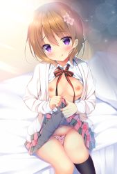 Rule 34 | 1girl, :p, bed sheet, black socks, blush, breasts, brown hair, closed mouth, clothes lift, collared shirt, commentary request, flower, gochuumon wa usagi desu ka?, hair flower, hair ornament, head tilt, hoto cocoa, indoors, kneehighs, legs together, lifted by self, looking at viewer, nipples, no bra, on bed, open clothes, open mouth, open shirt, panties, pillow, pink panties, plaid, plaid skirt, purple eyes, ribbon, shibainu niki, shirt, short hair, sitting, skirt, skirt lift, small breasts, smile, socks, solo, speech bubble, striped ribbon, tongue, tongue out, unbuttoned, underwear, white shirt