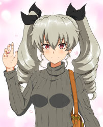 Rule 34 | 1girl, ada badguy, anchovy (girls und panzer), bag, black ribbon, carrying, closed mouth, commentary request, drill hair, girls und panzer, green hair, green shirt, hair ribbon, handbag, highres, long hair, long sleeves, looking at viewer, partial commentary, red eyes, ribbed shirt, ribbon, shirt, smile, solo, standing, turtleneck, twin drills, twintails, upper body, waving