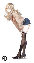 Rule 34 | 1girl, adjusting clothes, adjusting legwear, artist logo, black footwear, black thighhighs, blue shorts, brown hair, brown sweater, commentary, denim, denim shorts, english commentary, from side, full body, high heels, highres, long hair, looking at viewer, necktie, original, ramen5000, red necktie, shirt, short shorts, shorts, simple background, solo, standing, sweater, thighhighs, white background, white shirt