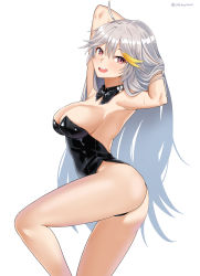 Rule 34 | 1girl, :d, absurdres, ahoge, armpits, arms up, ass, backless leotard, bare arms, bare shoulders, bow, bowtie, breasts, cleavage, detached collar, empress (last origin), from side, grey hair, hands in hair, highres, large breasts, last origin, leotard, long hair, looking at viewer, looking to the side, multicolored hair, open mouth, playboy bunny, red eyes, simple background, smile, solo, strapless, strapless leotard, streaked hair, sweat, thighs, twomoon, very long hair, white background