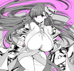 Rule 34 | 1girl, bare shoulders, breasts, claws, collar, fate/extra, fate/extra ccc, fate (series), hair ribbon, large breasts, looking at viewer, passionlip (fate), passionlip (third ascension) (fate), purple background, purple eyes, ribbon, simple background, solo, takatsuki ichi, thighhighs