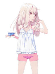 Rule 34 | 1girl, akinbo (hyouka fuyou), bare arms, collarbone, cowboy shot, fate/stay night, fate (series), flat chest, illyasviel von einzbern, long hair, mouth hold, pink shorts, red eyes, shirt, short shorts, shorts, simple background, sleeveless, sleeveless shirt, solo, standing, straight hair, white background, white hair, white shirt