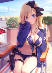 Rule 34 | 1girl, absurdres, azumi akitake, beach, belt, bikini, black bow, blonde hair, blue eyes, bow, bra, breasts, bush, chair, cleavage, collarbone, commentary request, cup, day, drink, drinking glass, drinking straw, feet out of frame, flower, frills, gun, hair bow, hair over one eye, hand on own cheek, hand on own chest, hand on own face, handgun, highres, holster, jacket, long hair, long sleeves, looking at viewer, multicolored bra, multicolored clothes, multicolored eyes, navel, off shoulder, original, outdoors, purple bra, purple eyes, purple jacket, red flower, sitting, solo, swimsuit, thigh holster, thighs, underwear, weapon, white belt