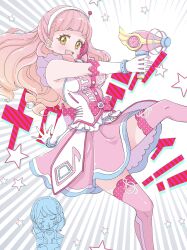 Rule 34 | aikatsu! (series), aikatsu friends!, bare shoulders, blood, blunt bangs, bow, bracelet, breasts, closed eyes, curly hair, dress, emphasis lines, frills, gloves, gradient hair, gun, headphones, highres, holding, holding gun, holding weapon, jewelry, leg up, looking at viewer, medium breasts, minato mio, multicolored hair, nosebleed, open mouth, pink bow, pink dress, pink hair, pink thighhighs, simple background, smile, star (symbol), thighhighs, weapon, white gloves, yellow eyes, yoiisand, yuki aine, zettai ryouiki