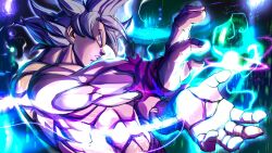 Rule 34 | 1boy, abs, absurdres, broonoart, commentary, dragon ball, dragon ball super, energy, grey eyes, grey hair, highres, kamehameha (dragon ball), male focus, muscular, muscular male, profile, solo, son goku, topless male, ultra instinct, upper body