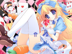 Rule 34 | 1girl, 2008, alice (alice in wonderland), alice in wonderland, apple, blonde hair, blue bow, blue dress, blue eyes, bow, breasts, brown footwear, rabbit, cane, card, carrot, checkered background, dress, floating card, food, fruit, galge.com, gloves, hair ribbon, holding, holding food, holding fruit, large breasts, legs, mary janes, nipples, ribbon, shoes, thighhighs, wallpaper, white rabbit (alice in wonderland), youta
