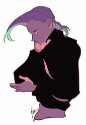 Rule 34 | 1boy, b exjo2, black sweater, braid, braided ponytail, closed mouth, cropped torso, freckles, from side, green hair, hand on own cheek, hand on own face, hand up, jojo no kimyou na bouken, long sleeves, looking at viewer, male focus, midriff, multicolored hair, navel, profile, purple hair, sideways glance, signature, simple background, single braid, solo, streaked hair, sweater, turtleneck, turtleneck sweater, upper body, vinegar doppio, white background