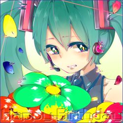 Rule 34 | 1girl, bad id, bad pixiv id, face, green eyes, green hair, grin, happy birthday, hatsune miku, headset, matching hair/eyes, necktie, norainu, smile, solo, twintails, vocaloid