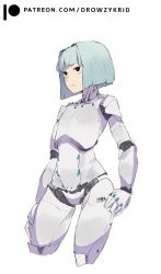 Rule 34 | androgynous, black eyes, blue hair, blunt bangs, flat chest, highres, krid, machine, robot, short hair, simple background, solo, white background