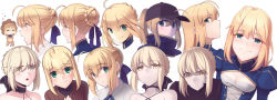 Rule 34 | = =, absurdres, ahoge, animal costume, armor, artoria pendragon (all), artoria pendragon (fate), baseball cap, black choker, blonde hair, blue dress, blush, boa (brianoa), braid, braided bun, breasts, brown sweater, chibi, choker, cleavage cutout, closed mouth, clothing cutout, dark persona, dress, expressions, eyes visible through hair, fate/grand order, fate/stay night, fate/tiger colosseum, fate (series), gradient background, green eyes, grey background, grey headwear, hair bun, hair ribbon, happy, hat, highres, lion costume, long hair, looking at viewer, multiple persona, mysterious heroine x (fate), open mouth, parted lips, profile, purple ribbon, ribbon, saber (fate), saber alter, sidelocks, small breasts, smile, sweater, turtleneck, white background, wide-eyed, yellow eyes
