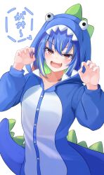 Rule 34 | 1girl, alternate costume, blue hair, blush, buttons, claw pose, commentary request, cowboy shot, dinosaur costume, fang, fingernails, flat chest, green hair, highres, hood, hood up, kirakira 620, looking at viewer, medium hair, mole, mole under eye, multicolored hair, nanashi inc., onesie, open mouth, sharp fingernails, simple background, skin fang, smile, solo, standing, suzumi nemo, two-tone hair, virtual youtuber, white background