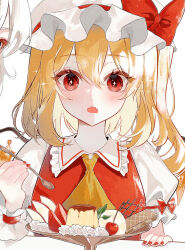 Rule 34 | 1girl, apple, ascot, blonde hair, blush, bow, checkerboard cookie, cherry, cookie, crystal, eyelashes, eyeliner, fang, fangs, flandre scarlet, food, frilled cuffs, frilled hat, frilled sleeves, frills, fruit, hair between eyes, hat, hat bow, highres, holding, holding spoon, izayoi sakuya, makeup, mob cap, mochi, multicolored wings, nail polish, one side up, open mouth, plate, pudding, puffy short sleeves, puffy sleeves, red bow, red eyeliner, red eyes, red nails, red vest, saliva, short hair, short sleeves, side ponytail, skin fang, smile, solo, spoon, strawberry, table, touhou, uzmee, vest, whipped cream, white hair, white hat, wings, wrist cuffs, yellow ascot