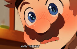 Rule 34 | 0 0, 1boy, big nose, blush, bowser, bowser jr., collared shirt, commentary, dr. mario, dr. mario (game), english commentary, excited, facial hair, highres, kamari (kakomari25), male focus, mario, mario (series), meme, mustache, nintendo, parody, portrait, shirt, short hair, shy, solo, sweatdrop, thick eyebrows, upper body, wavy mouth, why couldn&#039;t i be your wife (meme)