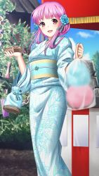 Rule 34 | 1girl, :d, blue flower, blue rose, blue sky, day, doukyuusei, doukyuusei another world, floral print, flower, game cg, hair flower, hair ornament, holding, japanese clothes, kimono, long hair, looking at viewer, obi, official art, open mouth, outdoors, pink eyes, pink hair, print kimono, rose, sakuragi mai, sash, sky, smile, solo, standing, white kimono, yukata