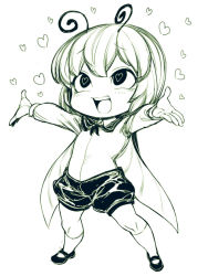 Rule 34 | 1girl, antennae, cape, chibi, flat chest, full body, heart, heart-shaped pupils, monochrome, outstretched arms, short hair, shorts, solo, spacezin, symbol-shaped pupils, touhou, wriggle nightbug