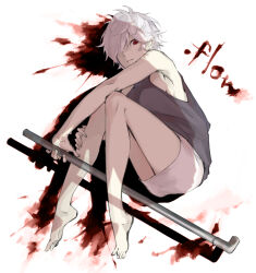 Rule 34 | .flow, 1girl, absurdres, armpits, bare legs, barefoot, blood, blood splatter, blood stain, closed mouth, commentary, copyright name, dress, empty eyes, english text, expressionless, fingernails, full body, grey dress, hair over one eye, heel up, highres, holding, holding industrial pipe, holding own leg, holding weapon, knees, knees together feet apart, knees up, lead pipe, left-handed, legs, looking down, looking to the side, medium hair, messy hair, miniskirt, red eyes, sabitsuki, shaded face, shadow, short hair, simple background, skirt, sleeveless, sleeveless dress, solo, sukuya (suxuya), weapon, white background, white hair, white skirt