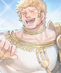 Rule 34 | 1boy, :d, ^ ^, alternate costume, bara, blonde hair, blue sky, blush, closed eyes, collar, dancer, dancer (fire emblem: three houses), fire emblem, fire emblem: three houses, highres, jewelry, large pectorals, male focus, mature male, messy hair, muscular, muscular male, necklace, nintendo, open mouth, pectorals, raphael kirsten, sdz (inazuma), short hair, sideburns, sky, smile, solo