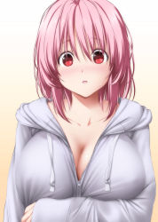 Rule 34 | 1girl, :d, blush, breast hold, breasts, casual, cleavage, collarbone, commentary request, contemporary, gradient background, grey sweater, hair between eyes, highres, hood, hood down, hooded sweater, hoodie, large breasts, long hair, long sleeves, looking at viewer, no headwear, nori tamago, nose blush, open mouth, parted lips, pink hair, red eyes, saigyouji yuyuko, short hair, sleeves past wrists, smile, solo, sweatdrop, sweater, touhou, white background, yellow background, zipper
